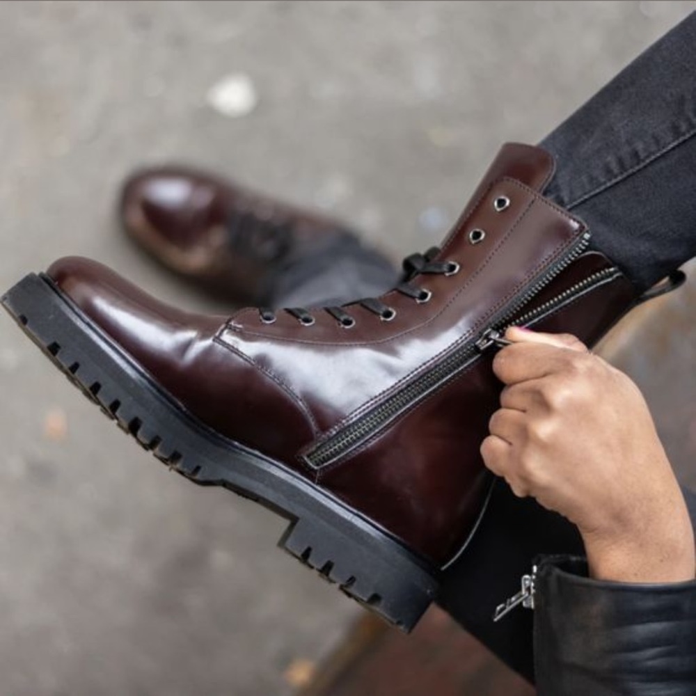 Thursday Boot Company Women's Burgundy Leather Lace-Up Zip Combat Boots